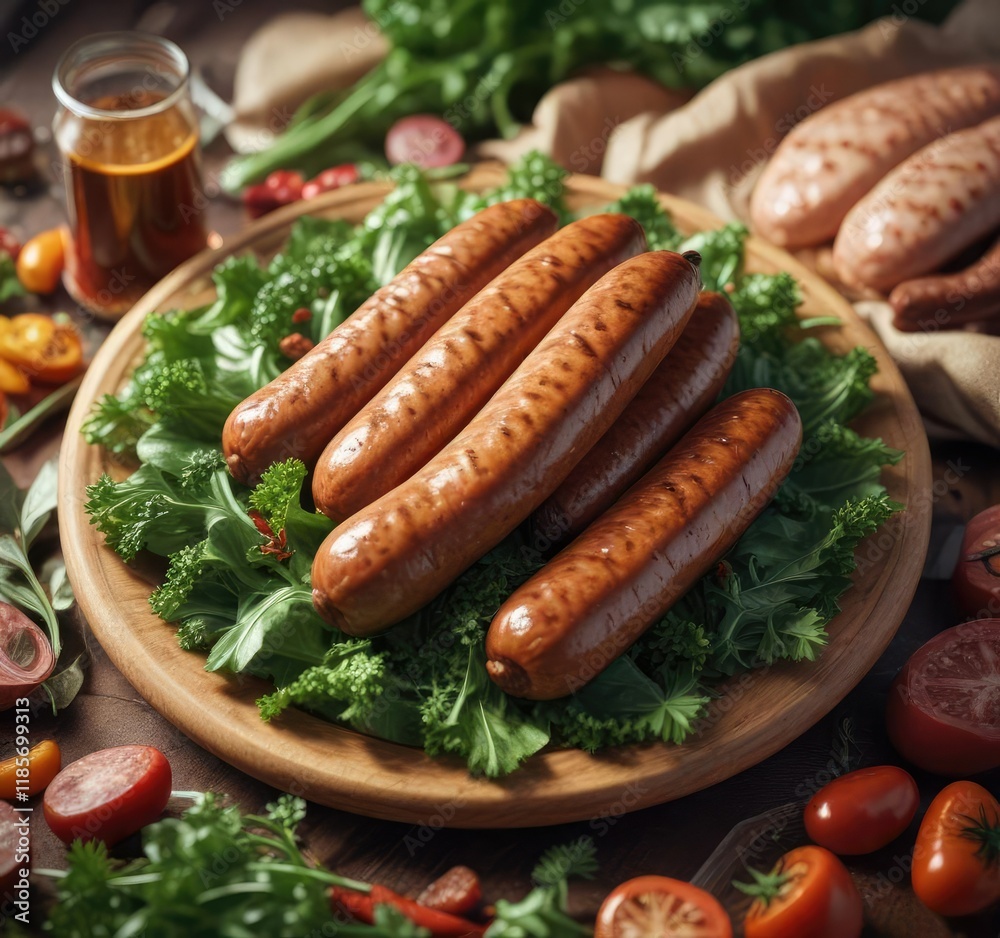 A bottle filled with cooked sausages served on a bed of greens, braised sausage, processed food A bottle filled with cooked sausages served on a bed of greens, braised sausage, processed food