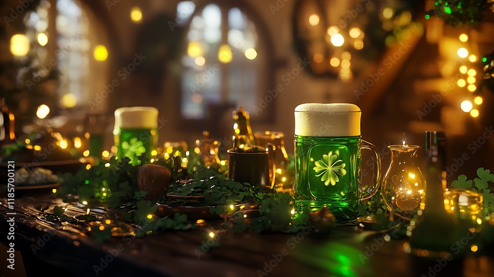 St Patricks Day scene with a table filled with green beer and traditional Irish symbols under festive lighting St Patricks Day scene with a table filled with green beer and traditional Irish symbols under festive lighting