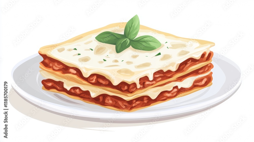 a plate of lasagna with layers of bolognese meat sauce and cheese, with basil leaves served on a white plate a plate of lasagna with layers of bolognese meat sauce and cheese, with basil leaves served on a white plate