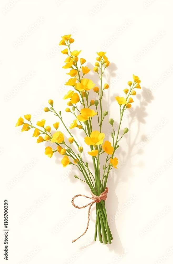 Obraz premium Small bouquet of yellow wildflowers tied with twine on white background.