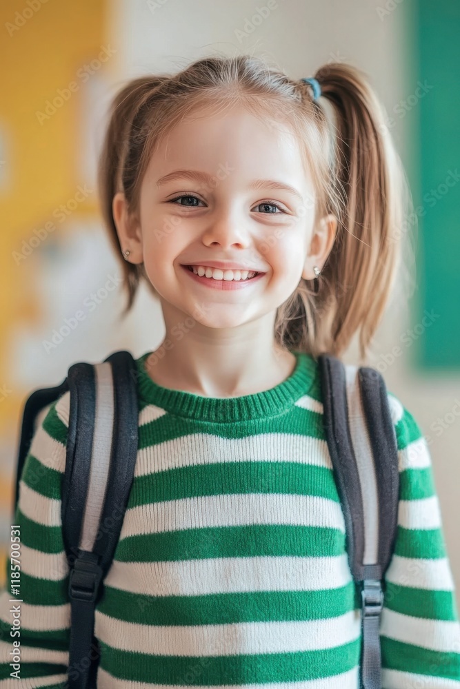 Excited girl in a green and white striped sweater smiles happily while ready for school on her first day