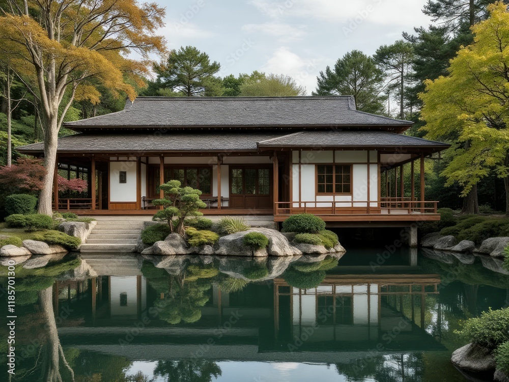 Serene Japanese Style House Pond Reflection Serene Japanese Style House Pond Reflection