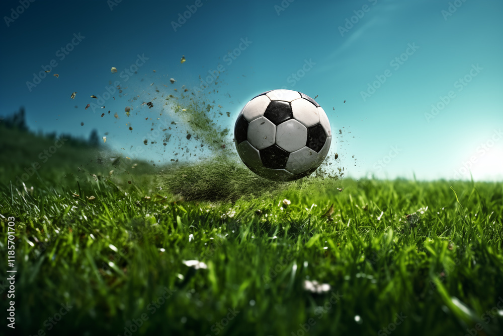 Naklejka premium Soccer ball lifts off ground in grassy field, kicking up dirt and grass in bright sunlight. Lush landscape creates vibrant backdrop for sport.