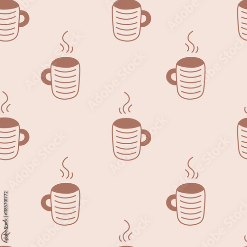 Hot Drinks Doodle Seamless Pattern. Minimal hand drawn background with coffee or tea mug and steam. Repeat vector illustration brown beige color.