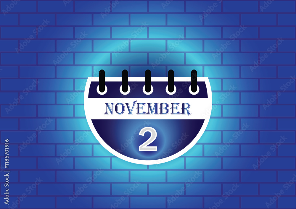 Obraz premium A digital illustration of a calendar page showing November 2nd. The page is blue and white, set against a backdrop of a blue brick wall. Clean, modern aesthetic.