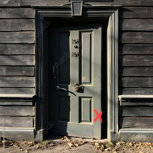 Entrance door in an old abandoned house with lock