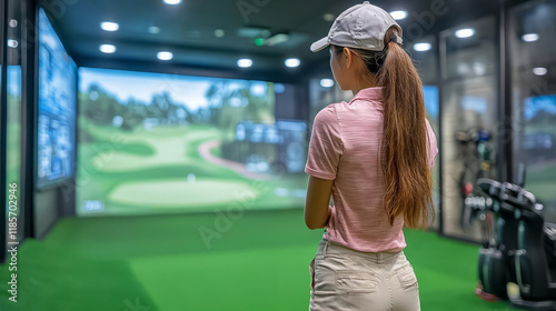 Woman practicing golf indoors using a virtual simulator for skill enhancement.