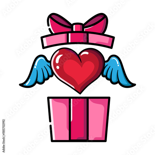 A winged heart pops out of a gift box, symbolizing Valentine's Day love.