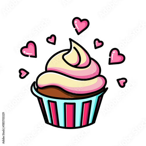 A delightful illustration of a cupcake adorned with pink frosting and surrounded by hearts, perfect for Valentine's Day.