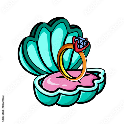 Made in uk A charming illustration of an engagement ring nestled inside a seashell-shaped box.  Perfect for wedding or proposal designs.