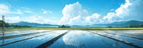 art of a vast rice paddy field with blue sky background photo