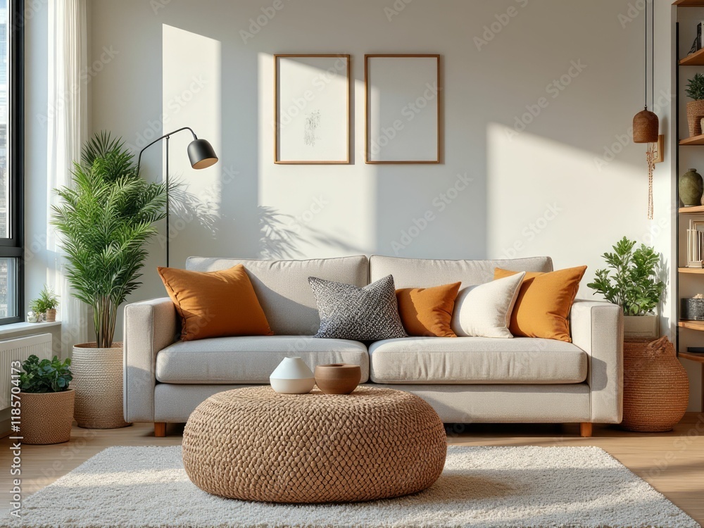 Fototapeta premium Sunlit Modern Living Room with Beige Sofa and Plants
