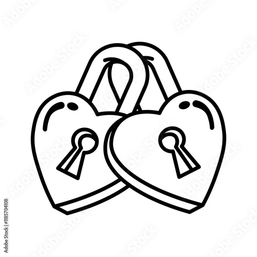 Illustration line art of two heart-shaped padlocks linked together, symbolizing love, commitment, and unity.