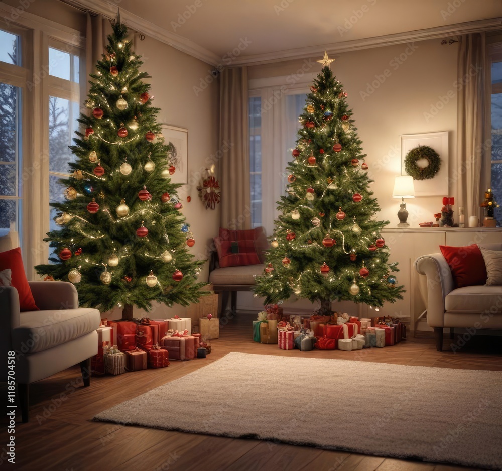 A festive Christmas tree with lights and ornaments in a cozy living room , cozy living room, twinkling lights, christmas atmosphere A festive Christmas tree with lights and ornaments in a cozy living room , cozy living room, twinkling lights, christmas atmosphere