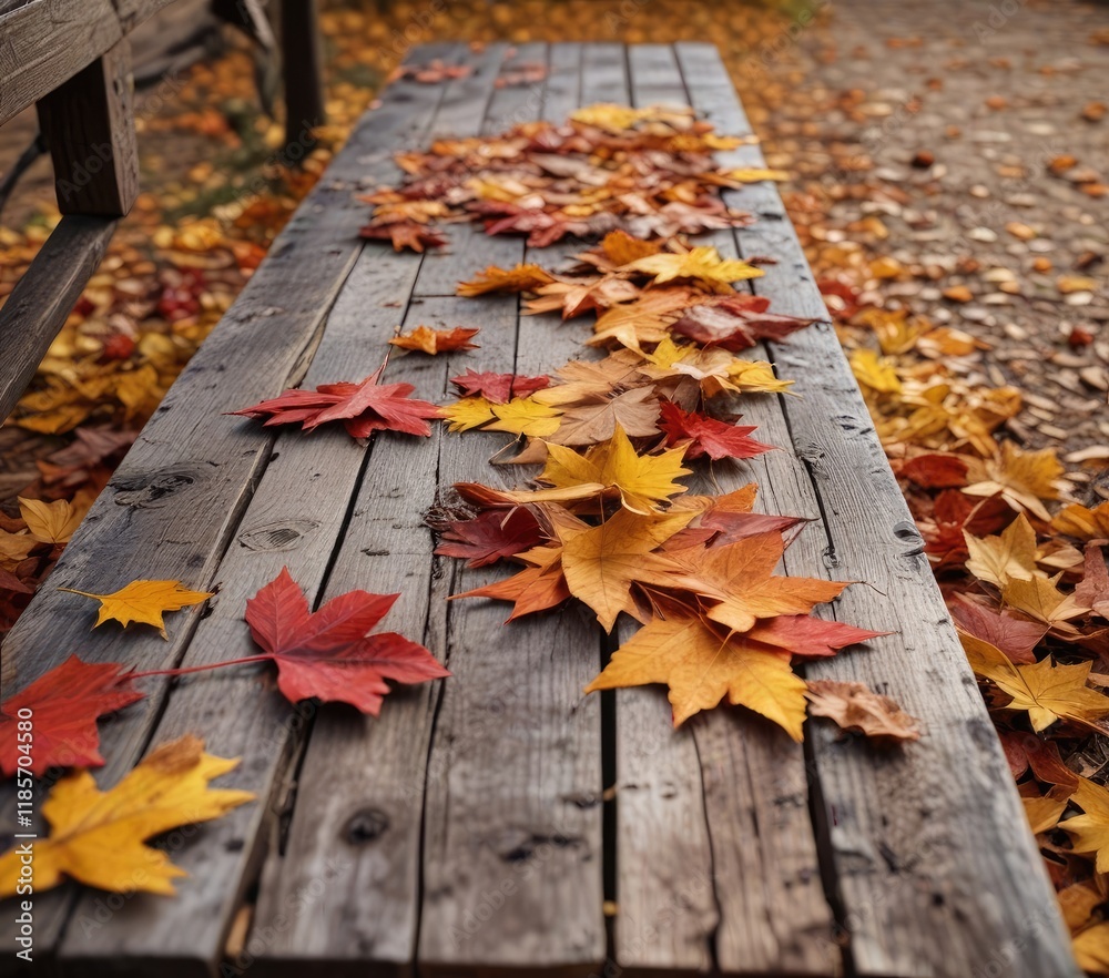 Obraz premium A fallen branch and a scattering of autumn leaves blanket the surface of an old wooden bench, seasonal decor, outdoor lifestyle
