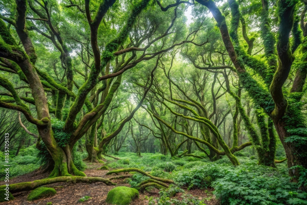 A dense forest with overgrown vegetation and twisted trees on a grey background, thick underbrush, primeval nature, natural solitude, overgrown plants, wild growth A dense forest with overgrown vegetation and twisted trees on a grey background, thick underbrush, primeval nature, natural solitude, overgrown plants, wild growth