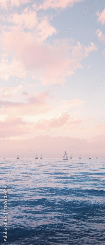 Obraz premium A beautiful sunset over the ocean shows a range of pastel shades, with sailboats drifting in the distance, turquoise, silhouette, serene, ocean