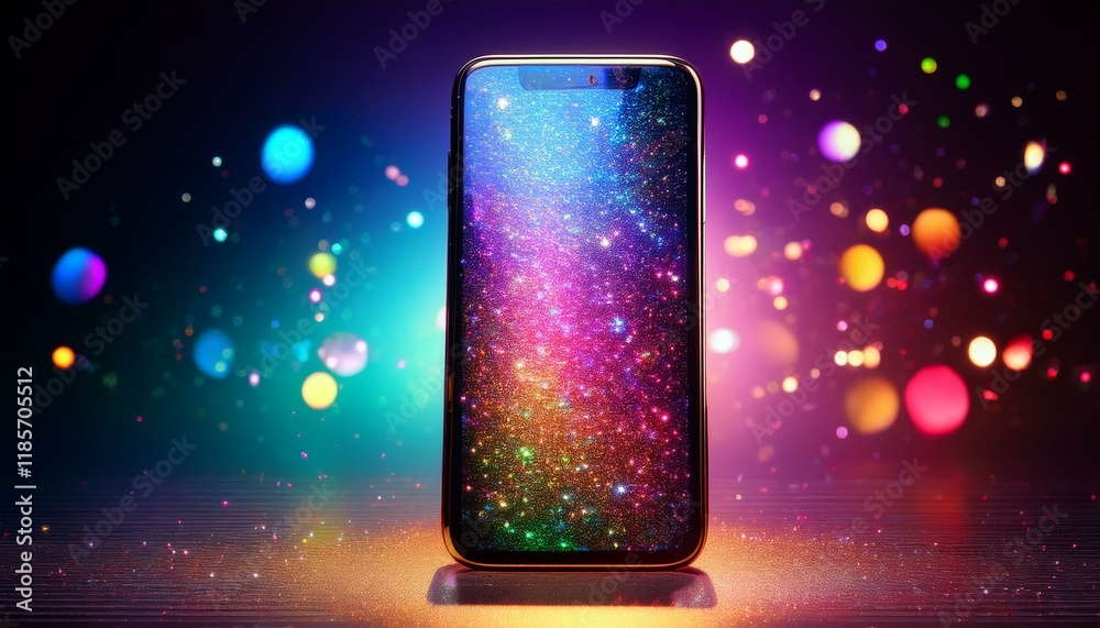 Obraz premium スクリーン画面が虹色に輝くスマートフォン。AIで生成 