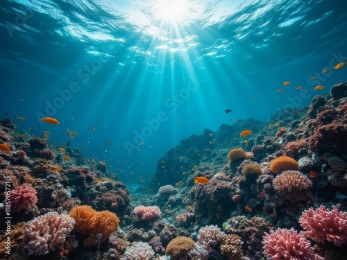 Vibrant Coral Reef Ecosystem With Sunbeams And Fish photo