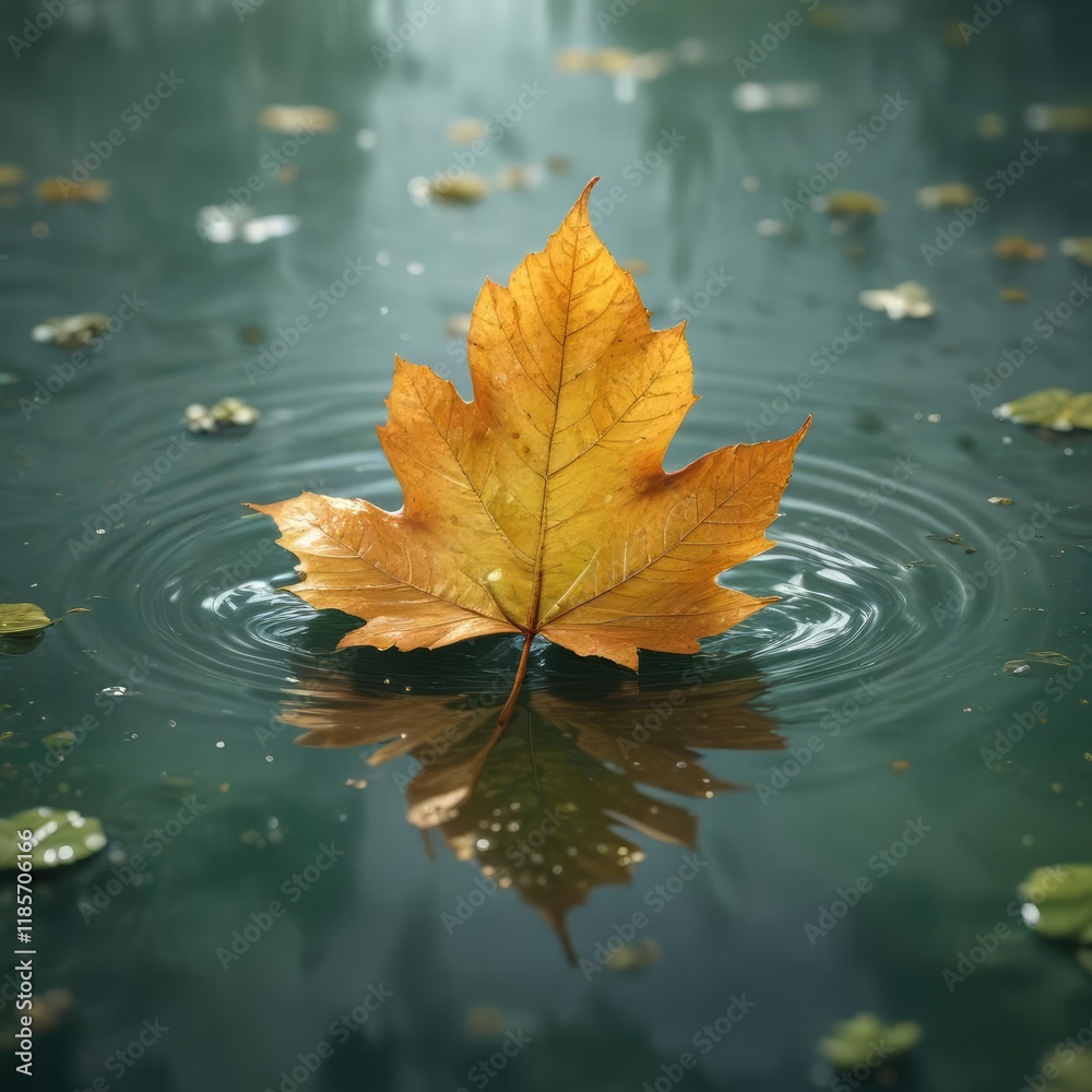 A delicate autumn leaf floats alone on a sheet of glassy water, scattered with tiny green particles, clear water, calm water, autumn leaf A delicate autumn leaf floats alone on a sheet of glassy water, scattered with tiny green particles, clear water, calm water, autumn leaf