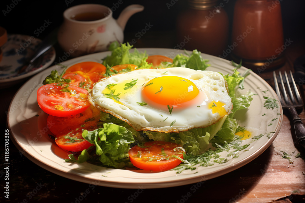 Sunny side up egg rests on bed of crisp lettuce and vibrant tomato slices, beautifully arranged on rustic plate. Warm ambiance enhances meal appeal. Sunny side up egg rests on bed of crisp lettuce and vibrant tomato slices, beautifully arranged on rustic plate. Warm ambiance enhances meal appeal.