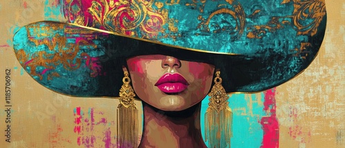 Portrait of a woman wearing a large, vibrant hat with artistic details, showcasing bold colors and elegant earrings. Creative fashion, beauty, and art concept.