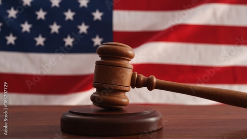 Wooden Gavel Rests on Sound Block Before American Flag photo