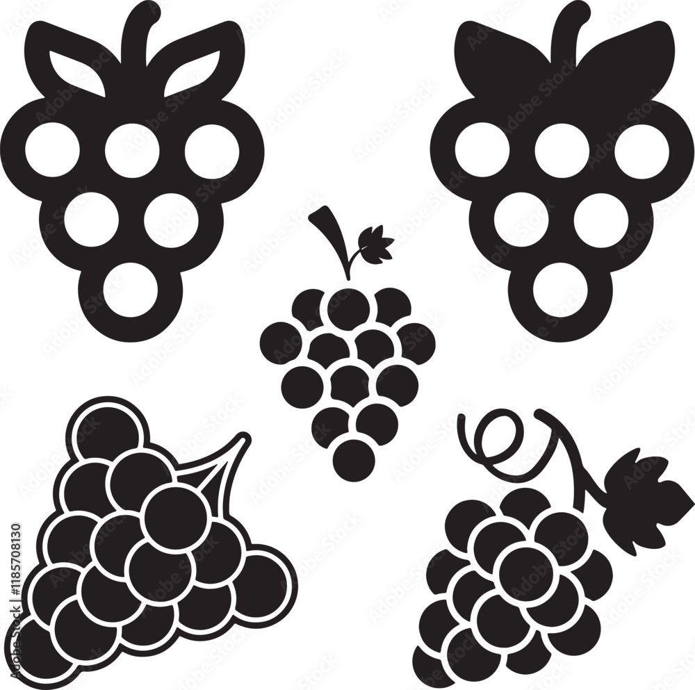 Fototapeta premium Vector black silhouette of grapes, bunch of grapes with leaf flat icon for food, grapes vector icon, silhouette grapes fruit black color