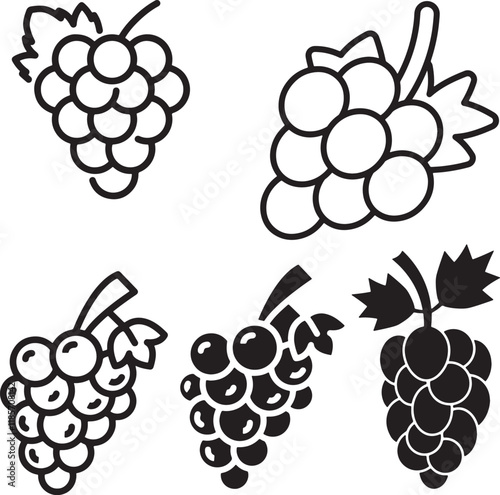 Vector black silhouette of grapes, bunch of grapes with leaf flat icon for food, grapes vector icon, silhouette grapes fruit black color