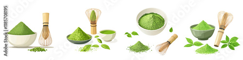 Flat style illustration of matcha powder and a whisk isolated on white background. Collection Png.
