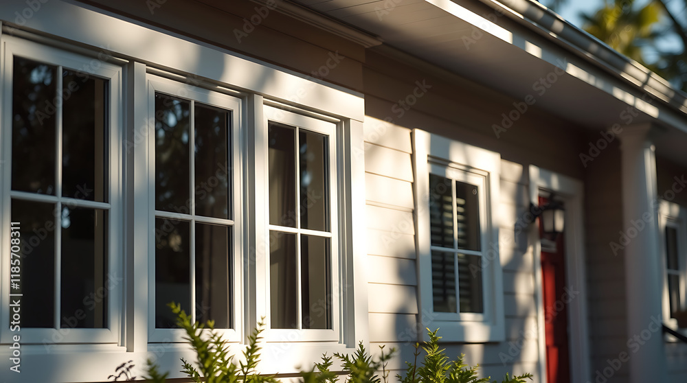 Sunlight illuminates the exterior of a light-grey house, featuring multiple multi-paned windows and a red door. Tree shadows are cast on the siding. The house displays a simple, clean design. Sunlight illuminates the exterior of a light-grey house, featuring multiple multi-paned windows and a red door. Tree shadows are cast on the siding. The house displays a simple, clean design.