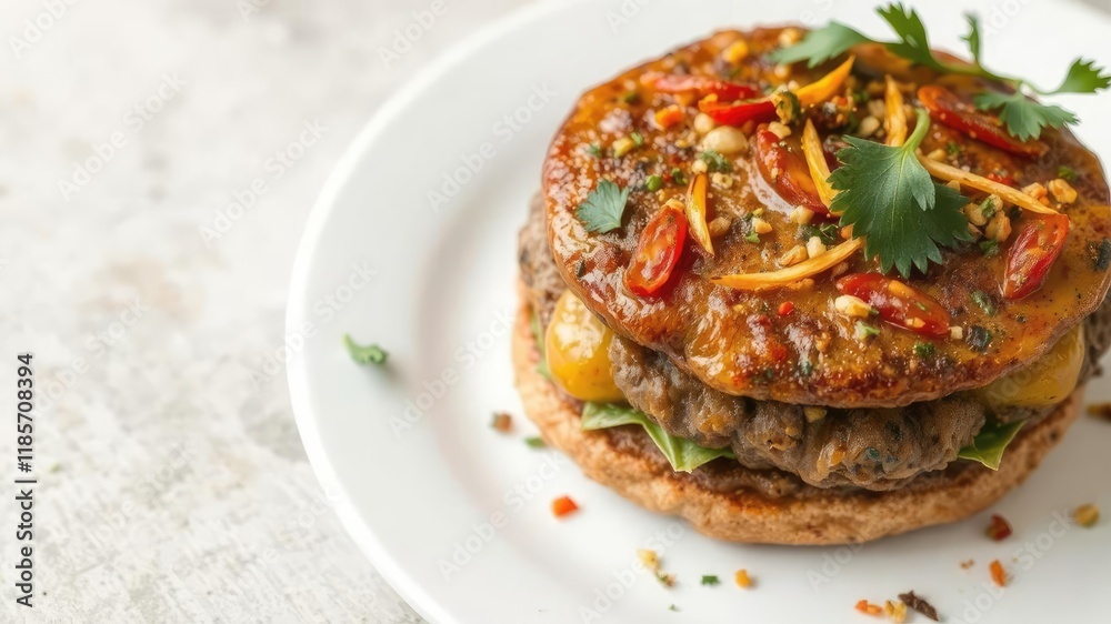A juicy gourmet burger topped with a colorful array of exotic spices and herbs on a white plate, white plate, seasoning A juicy gourmet burger topped with a colorful array of exotic spices and herbs on a white plate, white plate, seasoning