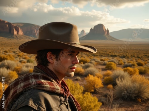 Young Man in Cowboy Hat Contemplates Desert Landscape photo