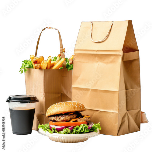 ollection and delivery food background. Fast food eco packaging with tasty hamburger, french fries, paper coffee cup and soup, isolated on white or transparent background. photo