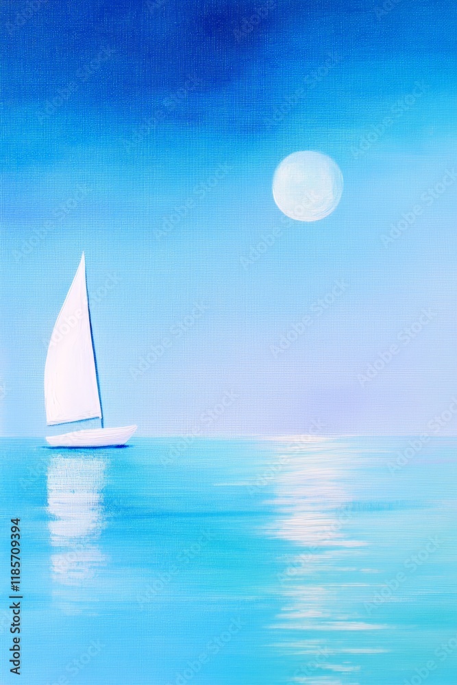 Obraz premium Sailboat on calm ocean waters under a full moon, serene night sky with blue hues, tranquil scene for relaxation and meditation in maritime art.