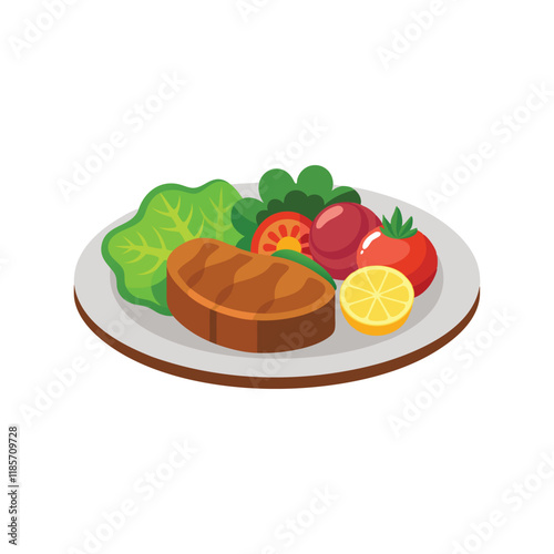  Featuring a succulent steak accompanied by a colorful assortment of fresh vegetables isolated flat vector illustration on white background.