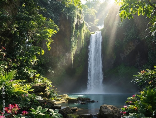 Fototapeta Naklejka Na Ścianę i Meble -  A harmonious blend of nature and water at a secluded jungle waterfall, blend, lush, scenery, nature, secluded