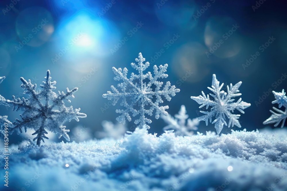 A group of snowflakes gently landing on a frosty surface, layered structure, natural phenomenon, frosty weather, cold air currents, snowfall A group of snowflakes gently landing on a frosty surface, layered structure, natural phenomenon, frosty weather, cold air currents, snowfall