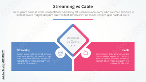 streaming services vs cable comparison opposite infographic concept for slide presentation with diamond shape center with rectangle box bottom with flat style