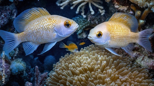 Two golden fish face each other near a sea anemone in a vibrant coral reef. photo