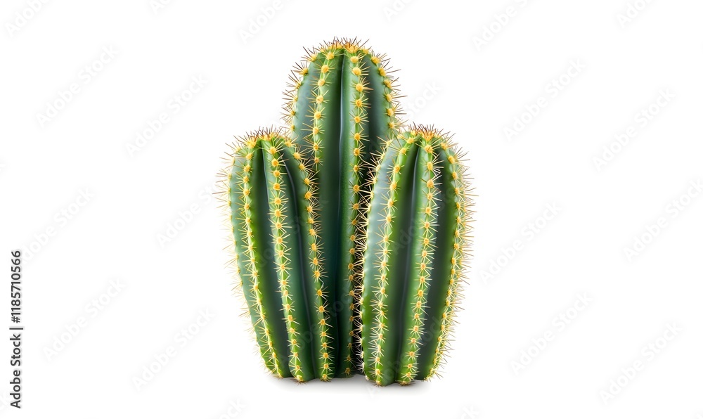 Three green cacti with yellow spines isolated on white. Three green cacti with yellow spines isolated on white.