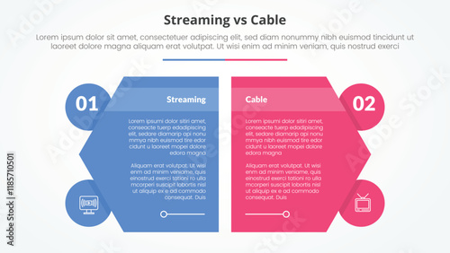 streaming services vs cable comparison opposite infographic concept for slide presentation with creative hexagon slice with circle badge with flat style