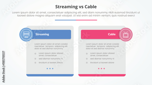 streaming services vs cable comparison opposite infographic concept for slide presentation with big box table and circle badge header with flat style