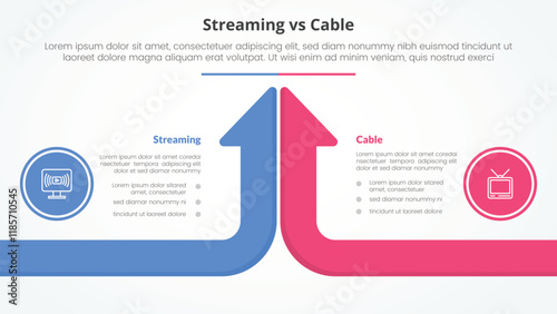 streaming services vs cable comparison opposite infographic concept for slide presentation with long arrow bar top direction long arrow bar top direction with flat style