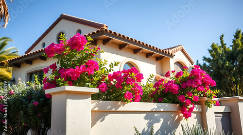 Fototapeta Naklejka Na Ścianę i Meble -  Bougainvillea Over Cream-Stucco House and Wall