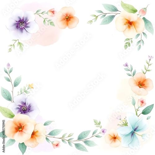 Watercolor floral frame with pastel flowers and leaves.