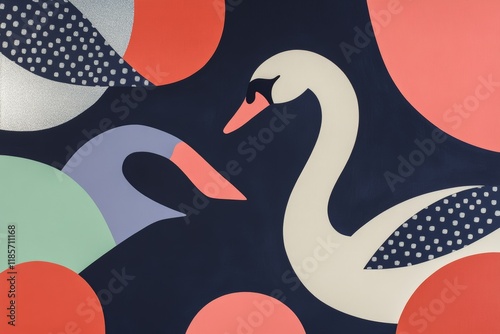 Swans in a modern art design with colorful shapes and patterns, perfect for backgrounds, creative projects, or decor themes in contemporary interiors. photo