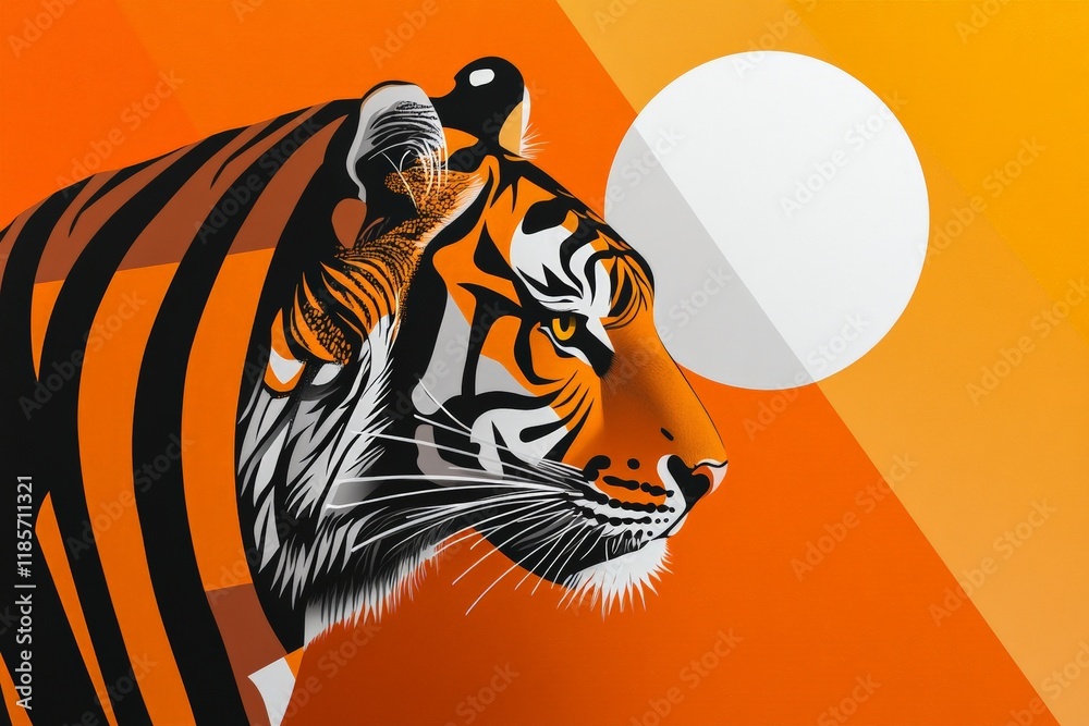 Obraz premium Tiger illustration with vibrant colors featuring a sunset backdrop, showcasing wildlife art and creativity in the depiction of this majestic animal in a modern style.