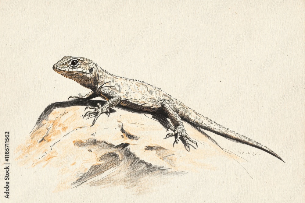 Naklejka premium A detailed illustration of a lizard perched on a rocky surface, showcasing its unique textures and colors in a natural setting, highlighting the beauty of wildlife.