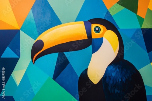 Toucan illustration with vibrant colors and geometric patterns, showcasing the beauty of tropical wildlife art for decor, education, or nature-themed projects. photo